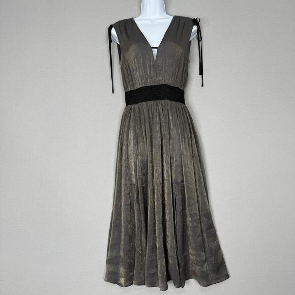 Pinch Dress Womens Small Gold Metallic Midi Party Deep V-Neck Cocktail Evening - Picture 1 of 16